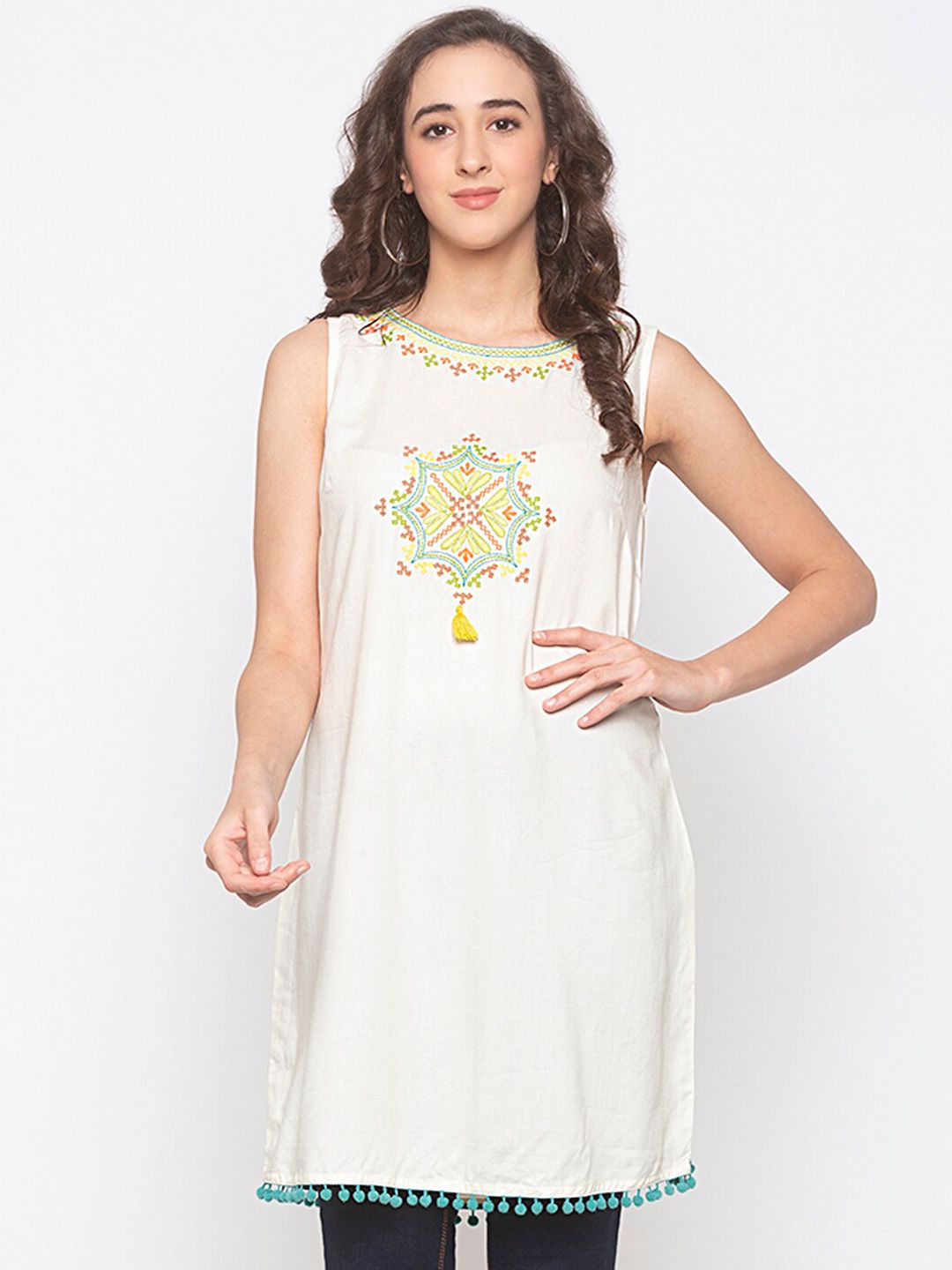 Globus Women Off-White & Green Embroidered Tunic Price in India