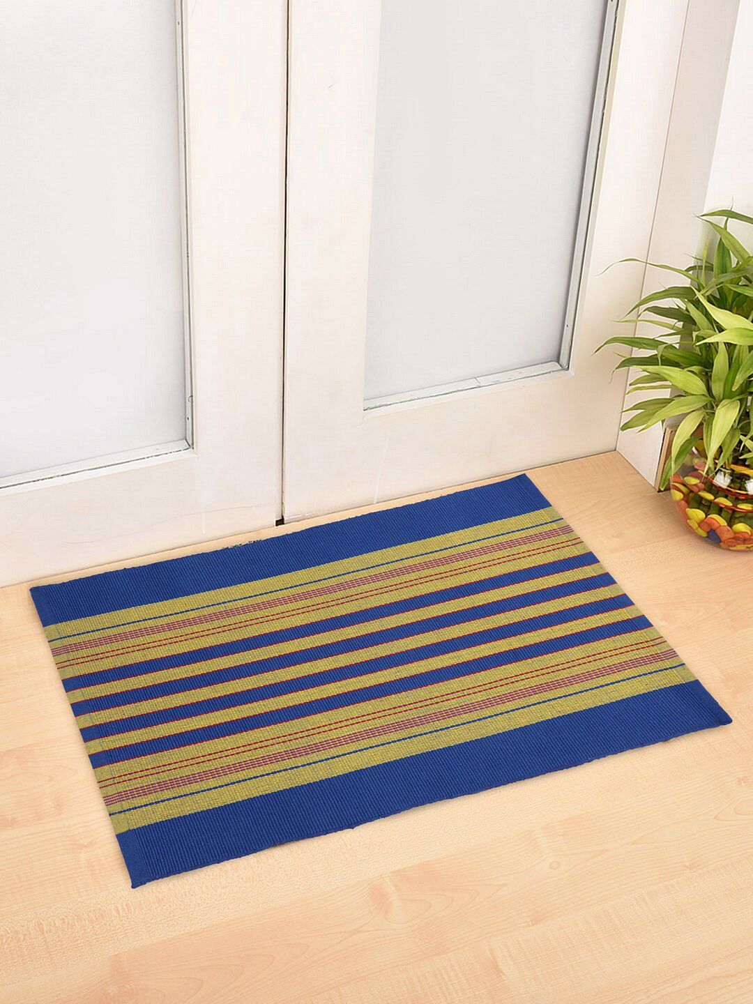 KLOTTHE Set Of 2 Blue & Yellow Striped Anti-Skid Doormats Price in India
