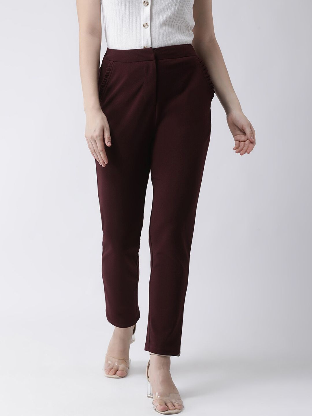 KASSUALLY Women Maroon Regular Fit Solid Regular Trousers Price in India