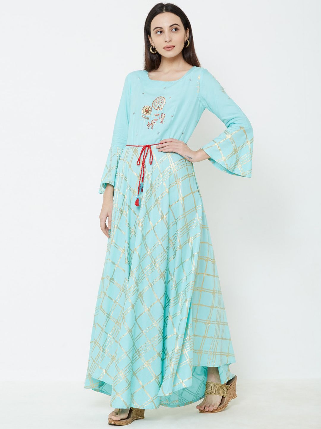 FASHOR Women Turquoise Blue Woven Design Anarkali Kurta