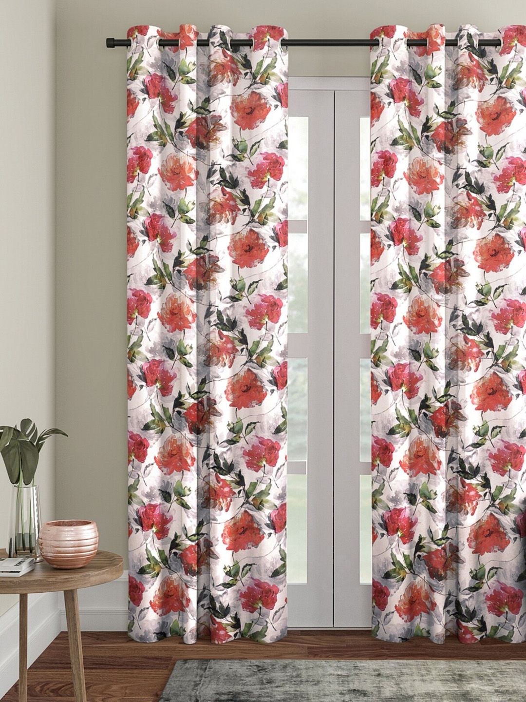 ROMEE Off-White Floral Printed Single Room Darkening Door Curtain Price in India