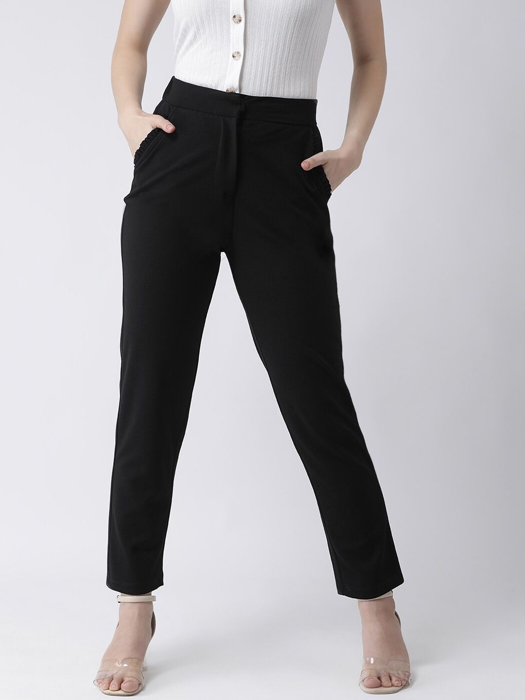 KASSUALLY Women Black Trousers Price in India