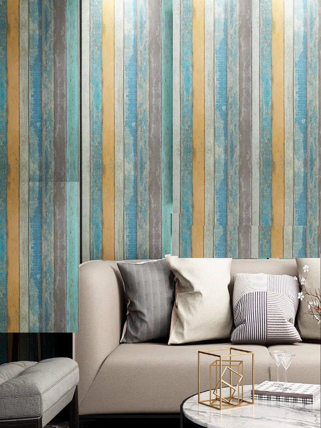 JAAMSO ROYALS Blue & Yellow Retro Wooden Stripes WallPaper Price in India