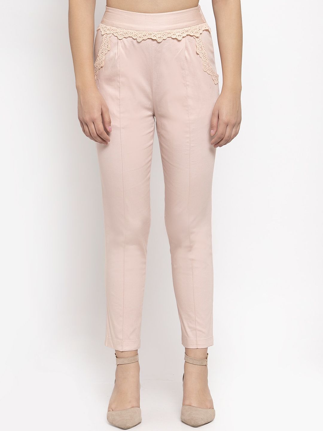 KASSUALLY Women Peach-Coloured Solid Regular Trousers Price in India