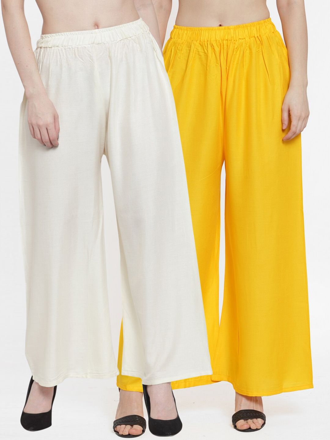 TAG 7 Women Pack Of 2 Yellow & Off-White Solid Flared Palazzos Price in India