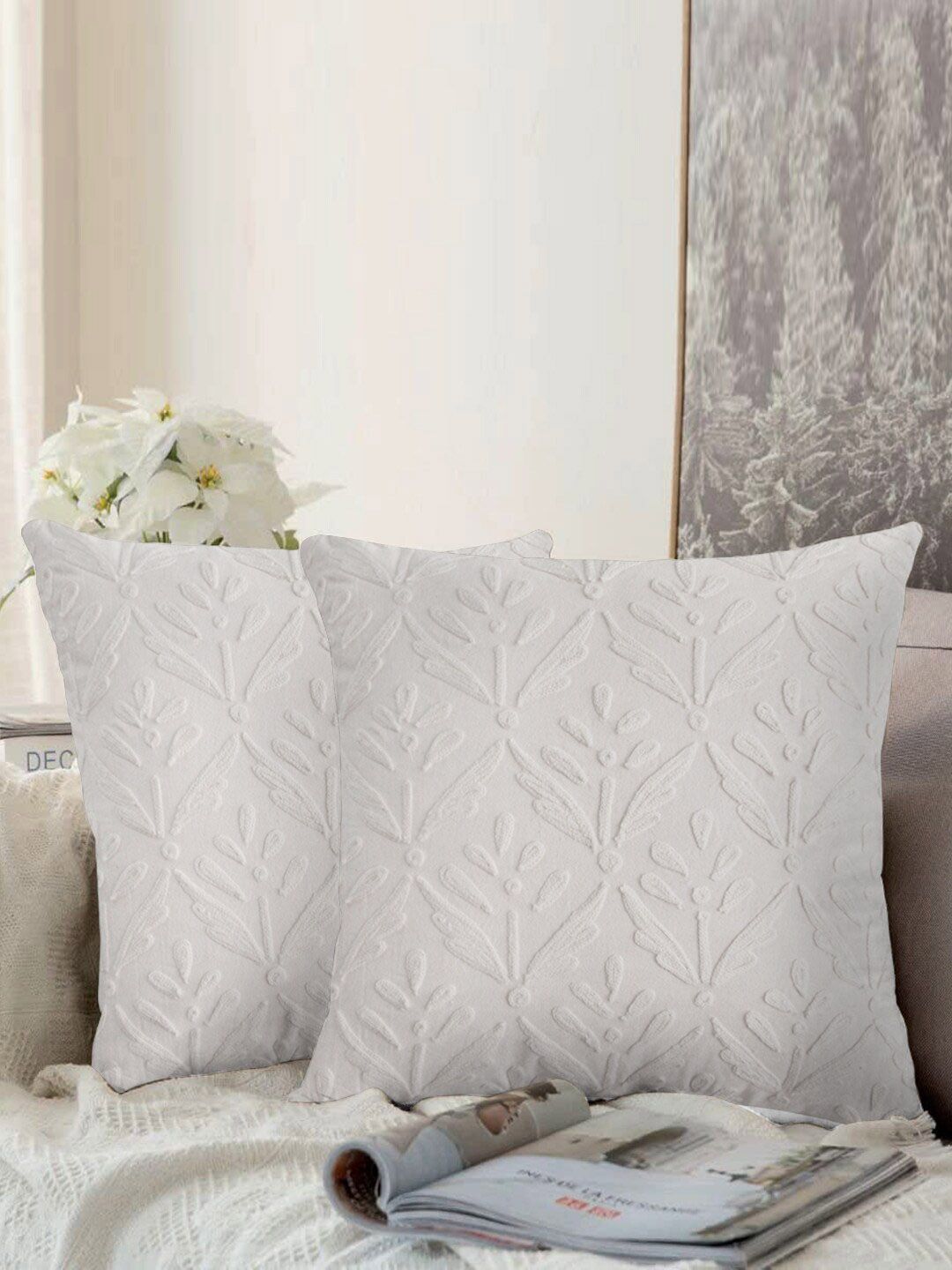 aRDENMEAD White Set of 2 Embroidered Square Cushion Covers Price in India