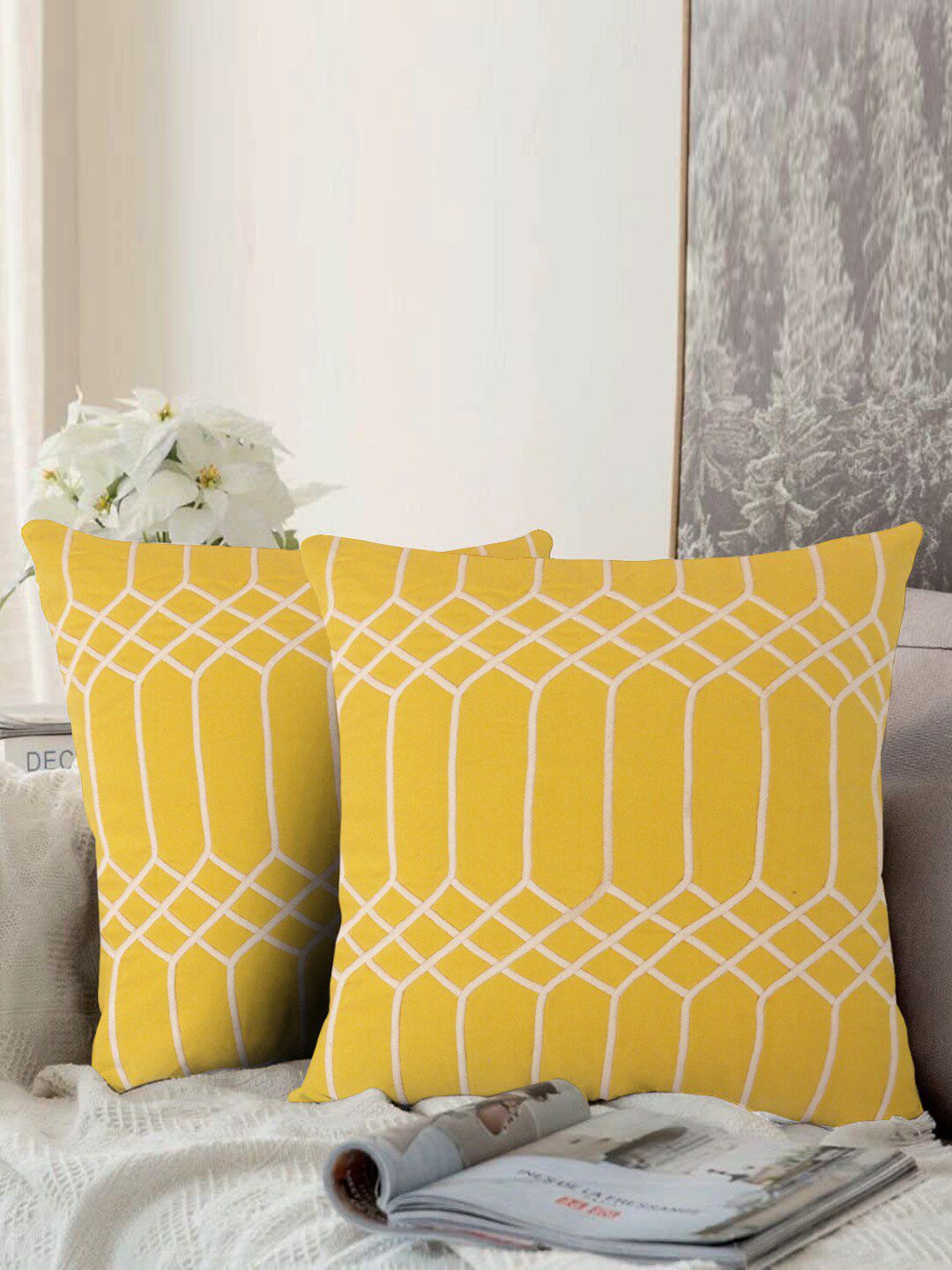 aRDENMEAD Set of 2 Yellow  Off-White Embroidered Square Cushion Covers Price in India