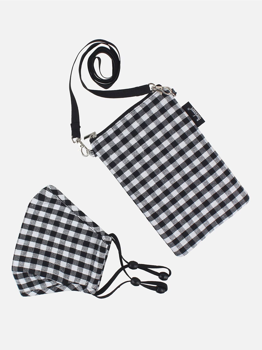 Anekaant Women Black & White 3-Ply Gingham Cotton Fabric Fashion Mask With Sling Bag Price in India