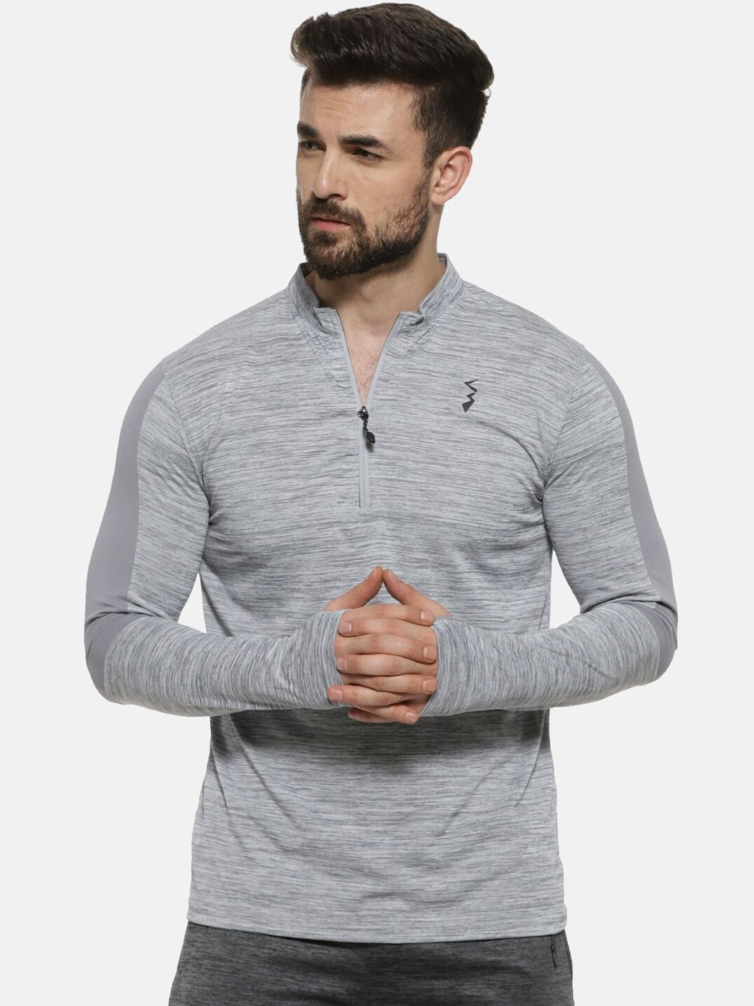 CAHOOT Men Grey Solid Mandarin Collar T-shirt