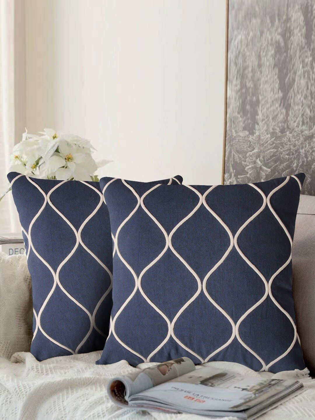 aRDENMEAD Navy Blue Set of 2 Embroidered Square Cushion Covers Price in India