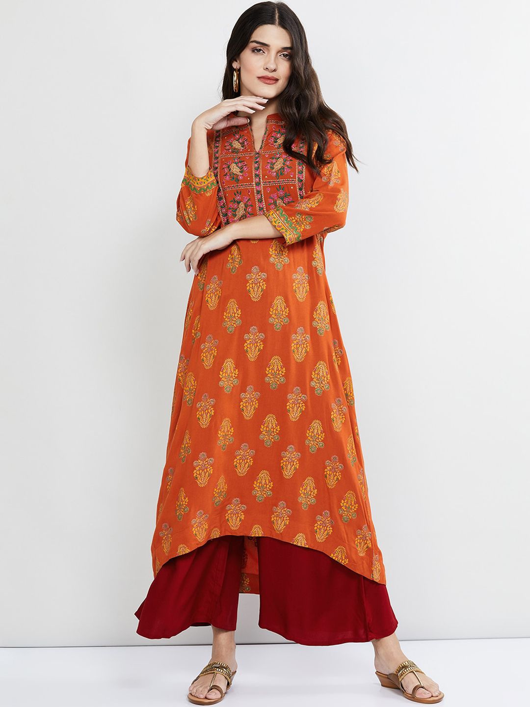 max Women Orange & Yellow Printed A-Line Kurta