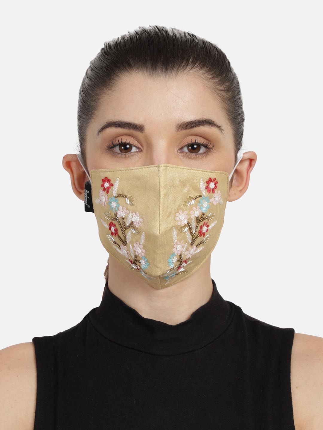 Anekaant Women Gold-Coloured & Red Faux Silk Embellished Fabric Reusable 3-Ply Mask Price in India