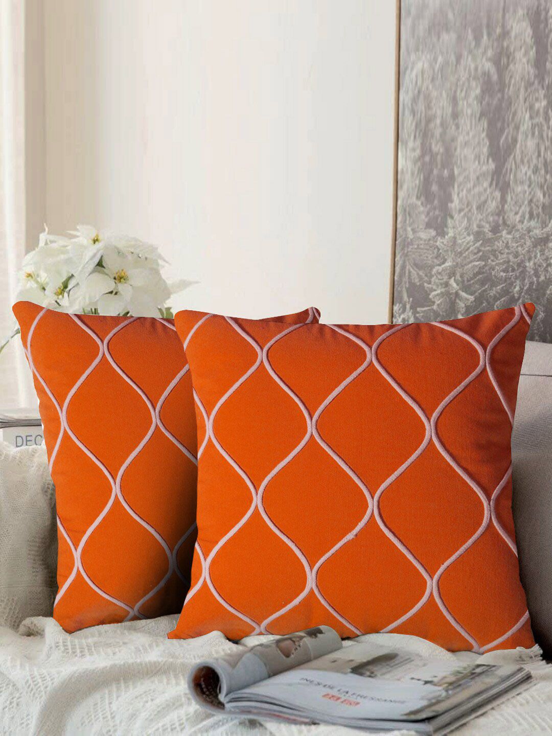 aRDENMEAD Orange Set of 2 Embroidered Square Cushion Covers Price in India
