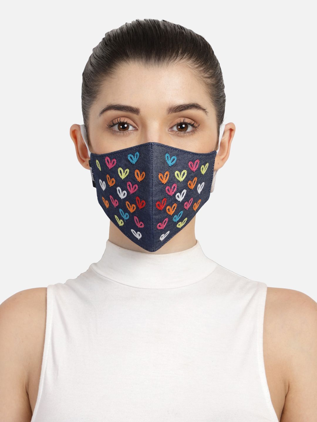 Anekaant Women Blue & Multi Embroidered 3-Ply Reusable Denim Fabric Cloth Mask Price in India