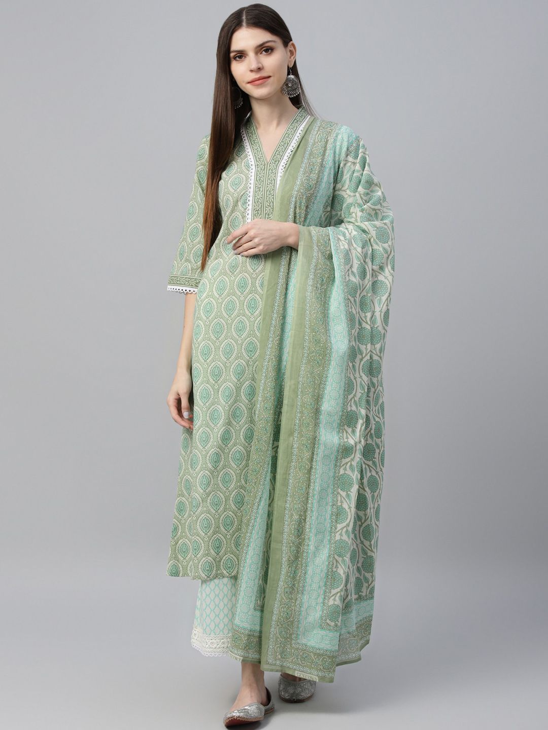 GERUA Women Green Printed Kurta with Palazzos & Dupatta