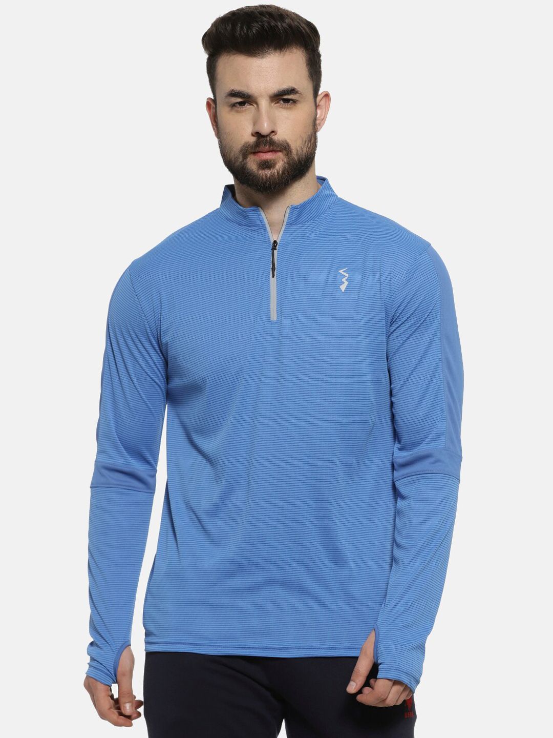 CAHOOT Men Blue Striped Mandarin Collar T-shirt