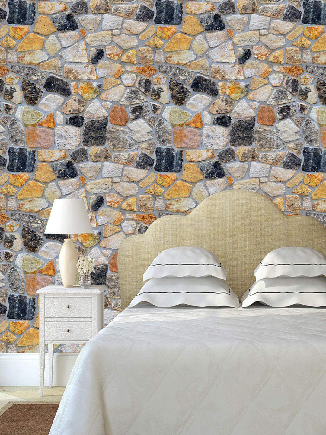 Jaamso Royals Grey & Yellow Stone Brick Wallpaper Price in India