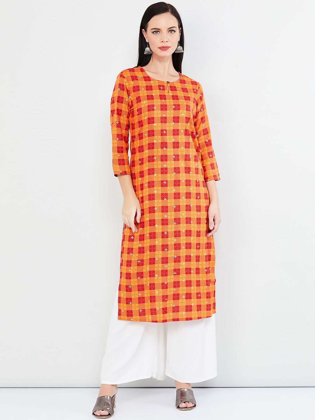 max Women Orange & Red Checked Straight Kurta