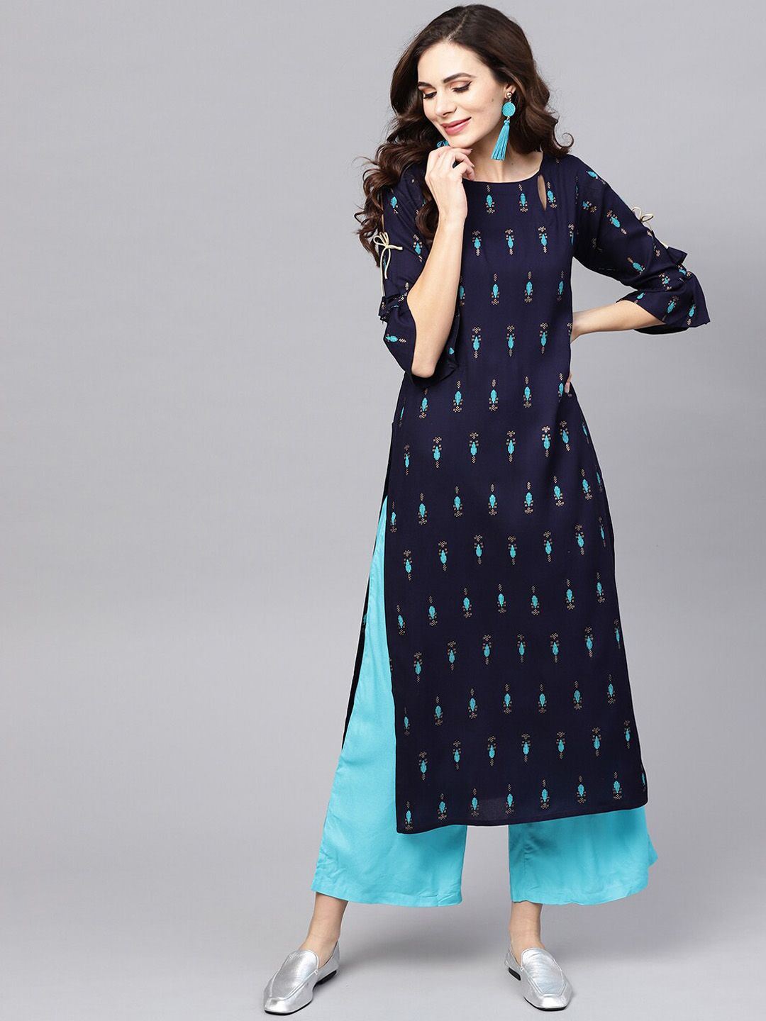 Libas Women Navy Blue & Sea Green Printed Kurta with Palazzos