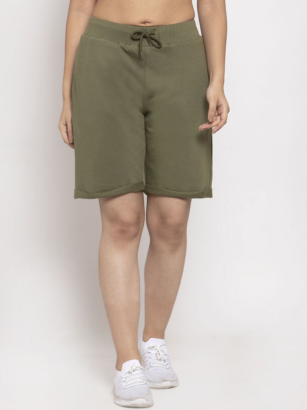 DOOR74 Women Olive Green Solid Loose Fit Sports Shorts Price in India