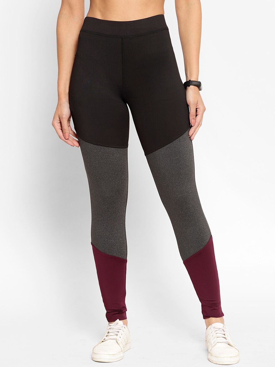 SAPPER Women Grey & Purple Colourblocked Tights Price in India