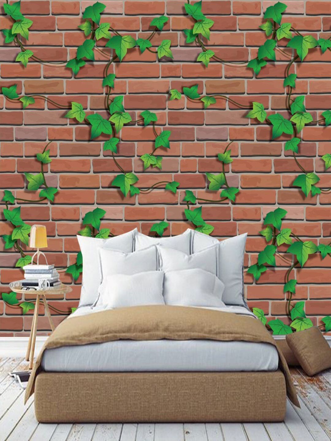 Jaamso Royals Green Leaf & Brown Brick Printed Self Adhesive Removable Wallpaper Price in India