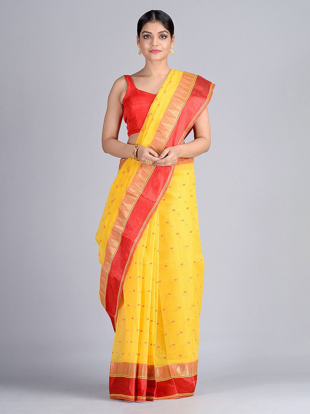 Mitera Yellow & Red Pure Cotton Woven Design Taant Saree Price in India