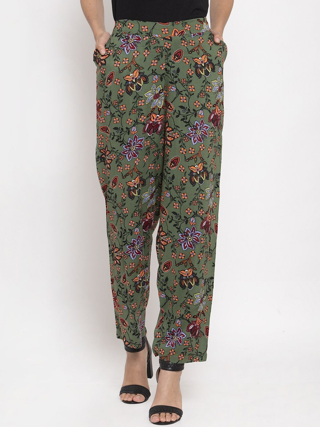 TAG 7 Women Olive Green Smart Regular Fit Printed Regular Trousers Price in India