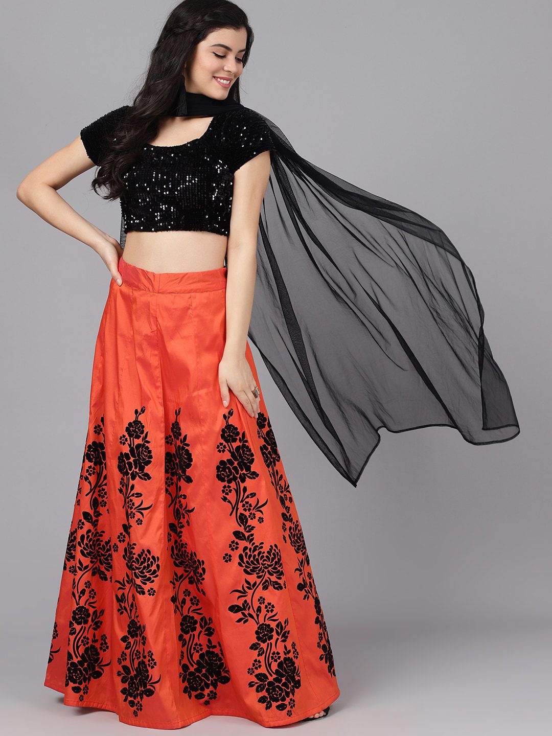 AKS Couture Rust Orange & Black Embellished Ready to Wear Lehenga & Blouse with Dupatta