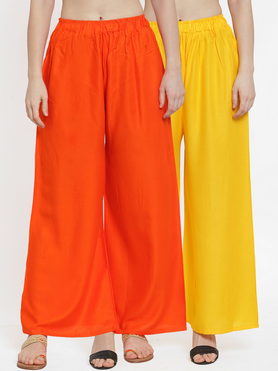 TAG 7 Women Yellow & Orange Pack of 2 Solid Flared Palazzos Price in India