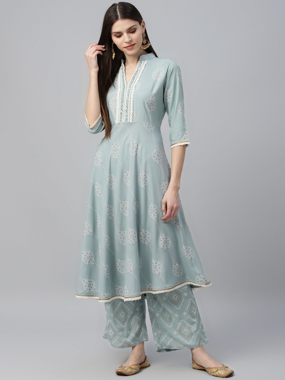 GERUA Women Blue Printed Kurta with Palazzos Price in India