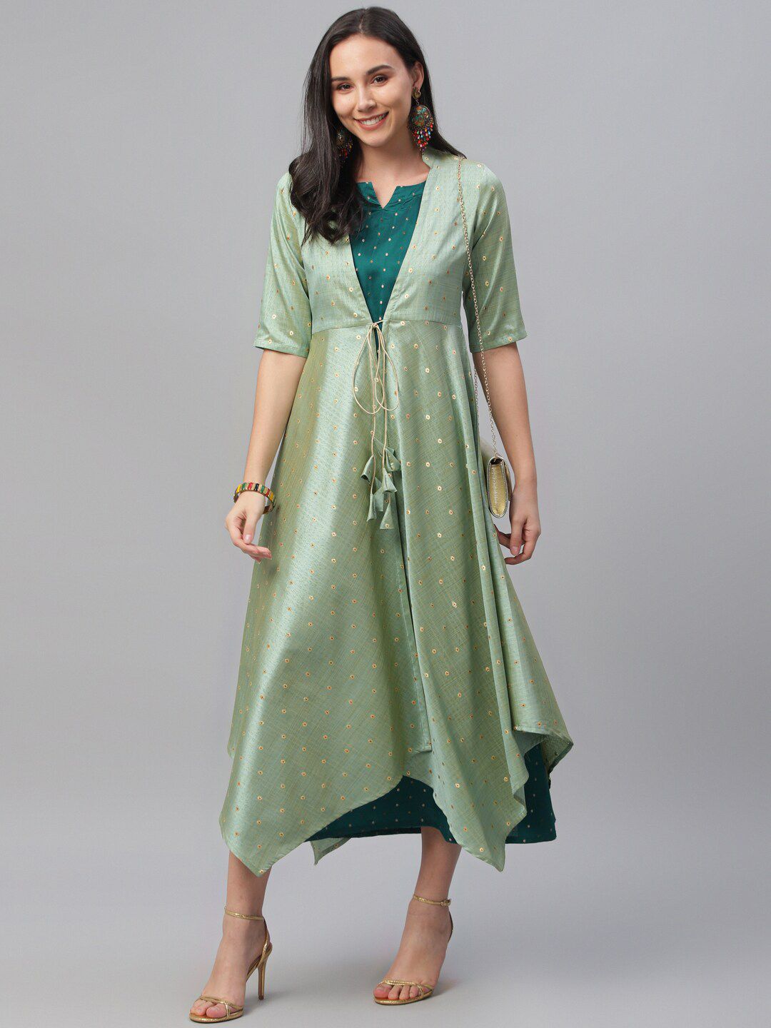 Libas Women Green Embroidered Maxi Dress with Shrug