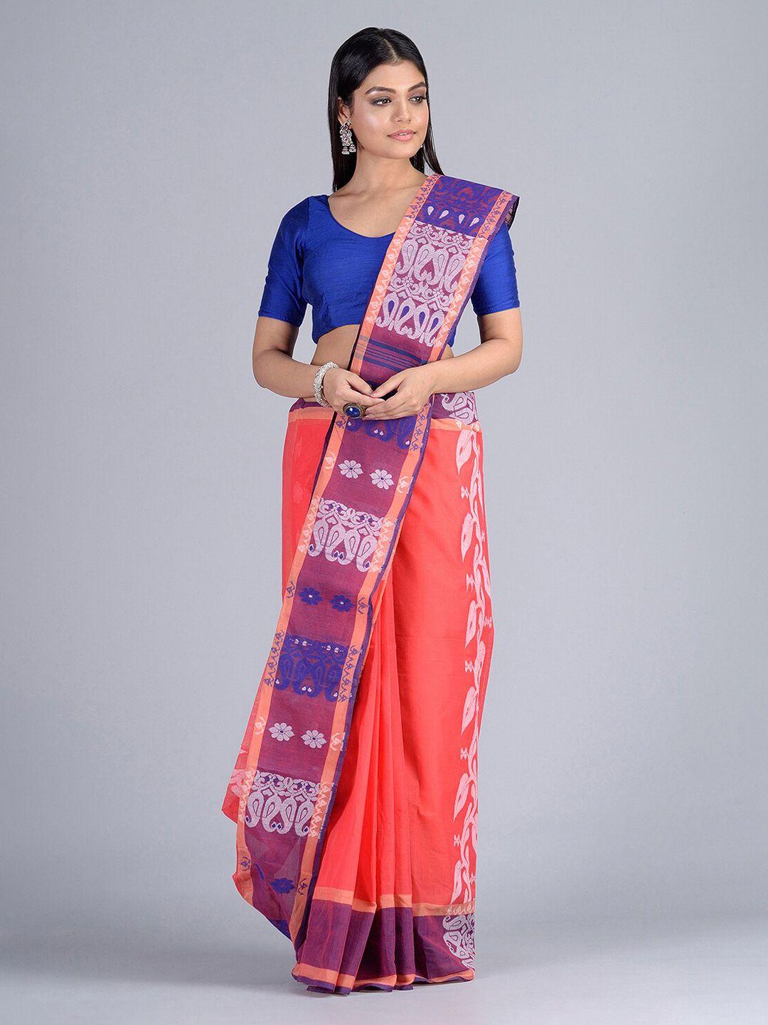 Mitera Peach-Coloured & Blue Pure Cotton Woven Design Taant Saree Price in India