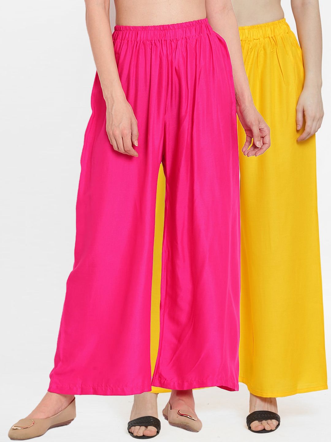 TAG 7 Women Set Of 2 Yellow & Pink Solid Wide Leg Palazzos Price in India