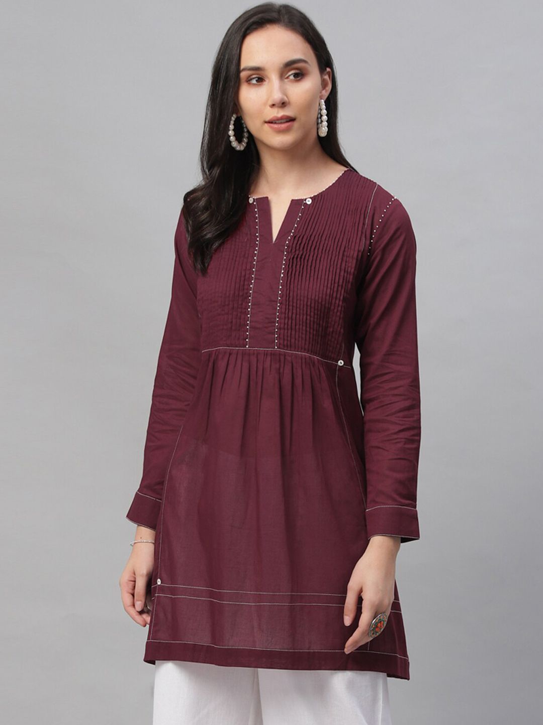 Libas Women Maroon Solid Pure Cotton A-Line Kurti Price in India