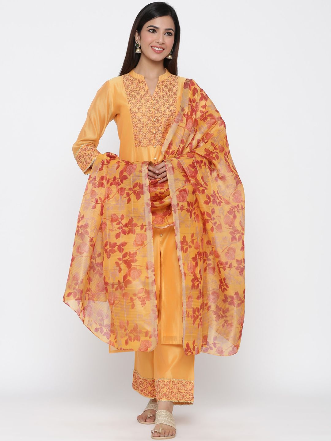 Jaipur Kurti Women Yellow & Pink Yoke Design Kurta with Palazzos & Dupatta Price in India