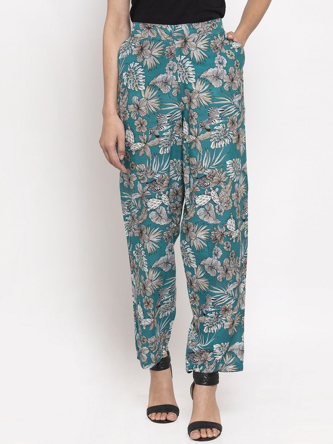 TAG 7 Women Teal & White Smart Regular Fit Printed Parallel Trousers Price in India