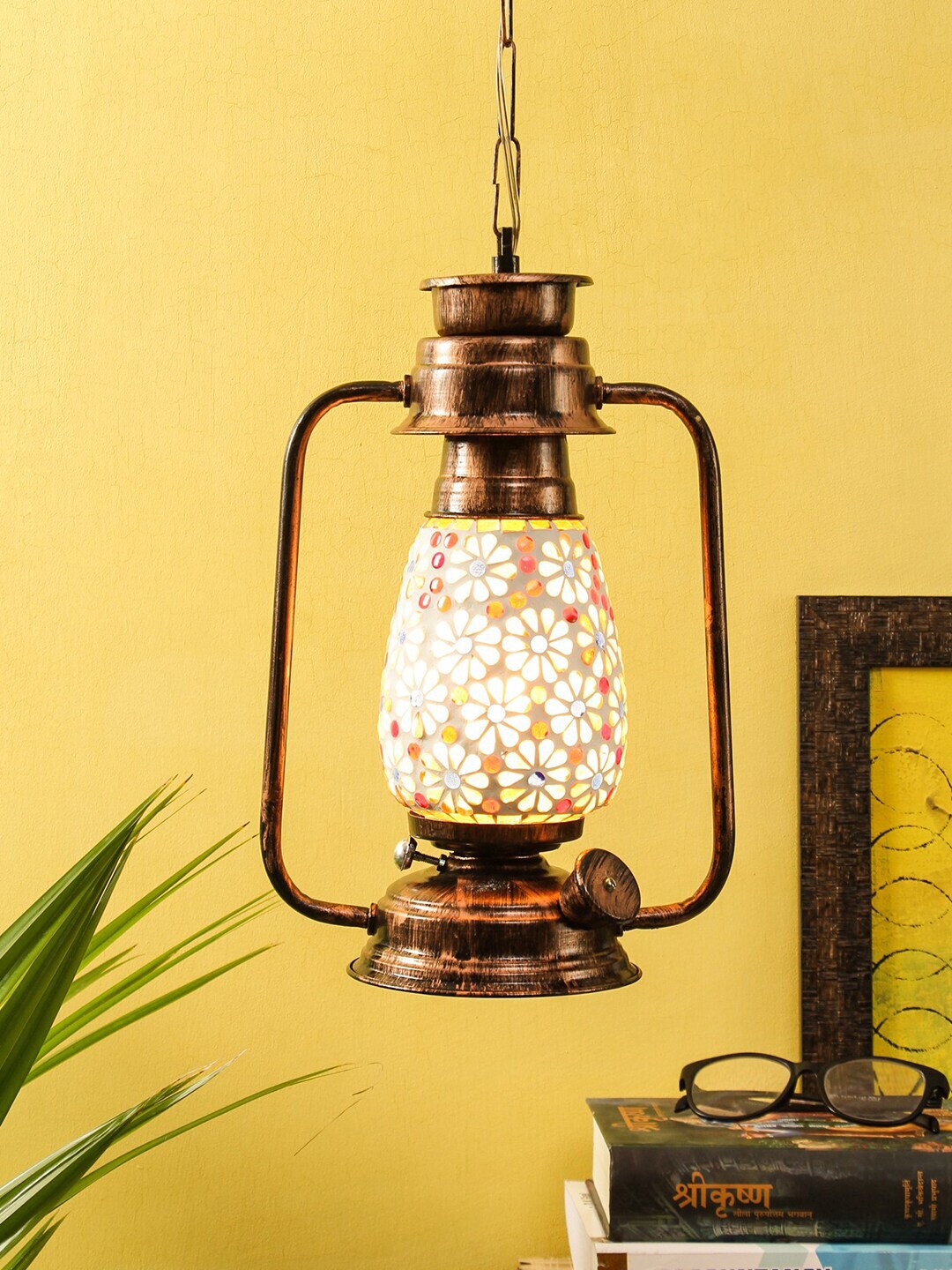 Devansh Bronze-Toned & White Solid Mosaic Glass Hanging Lantern Price in India