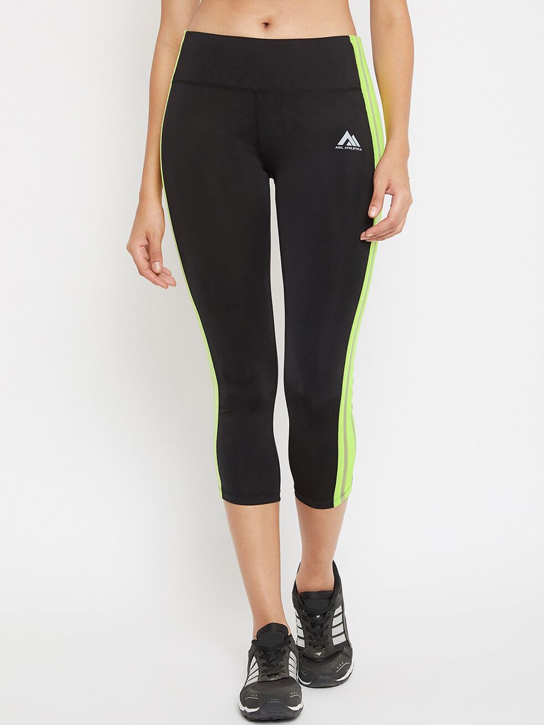 AGIL ATHLETICA Women Black & Fluorescent Green Colourblocked SuperCool Tights Price in India