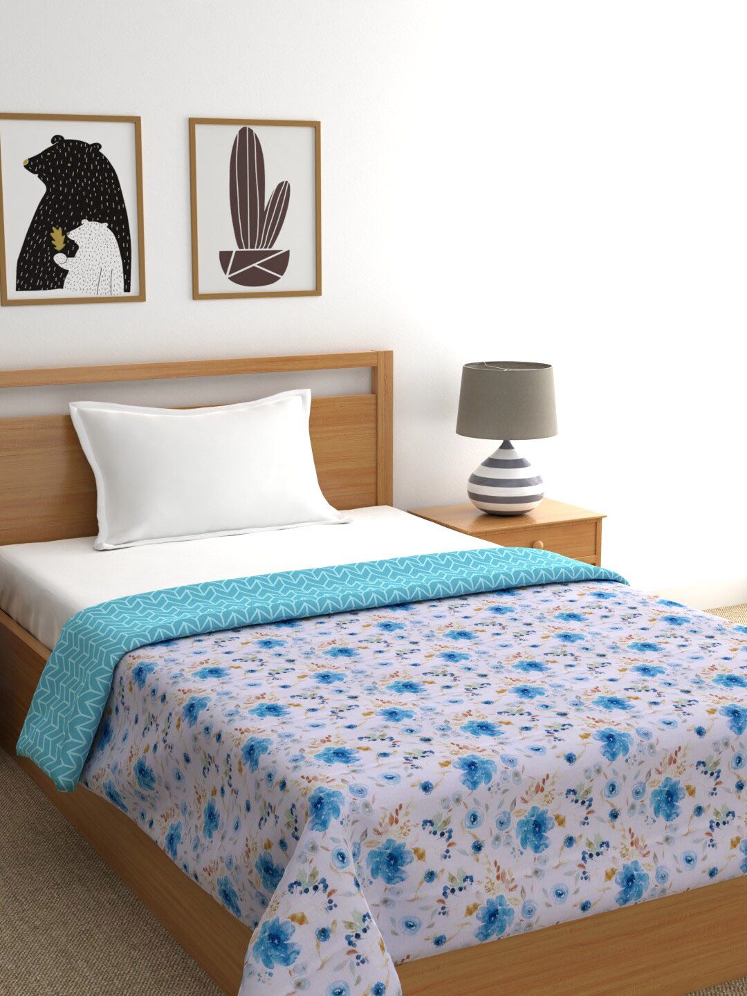 URBAN SPACE Blue & Grey Floral AC Room 350 GSM Single Bed Dohar Price in India
