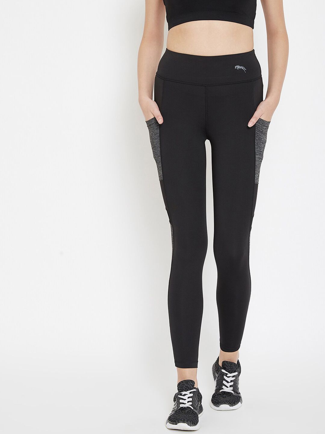 JUMP USA Women Black & Grey Colourblocked Activewear Gym Tights Price in India