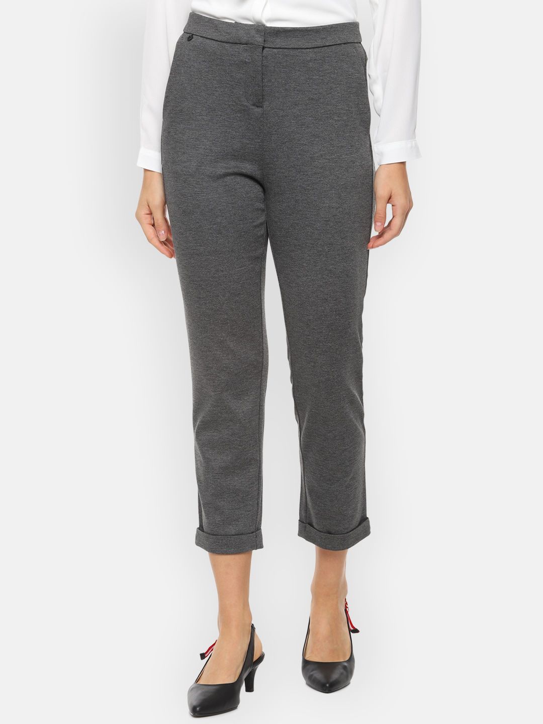 Van Heusen Woman Women Grey Regular Fit Self Design Regular Trousers Price in India