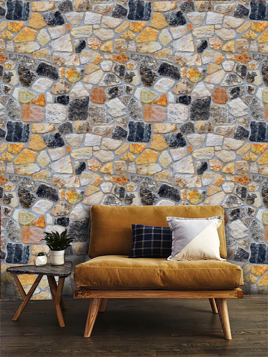 Jaamso Royals Grey & Yellow Stone Brick Wallpaper Price in India