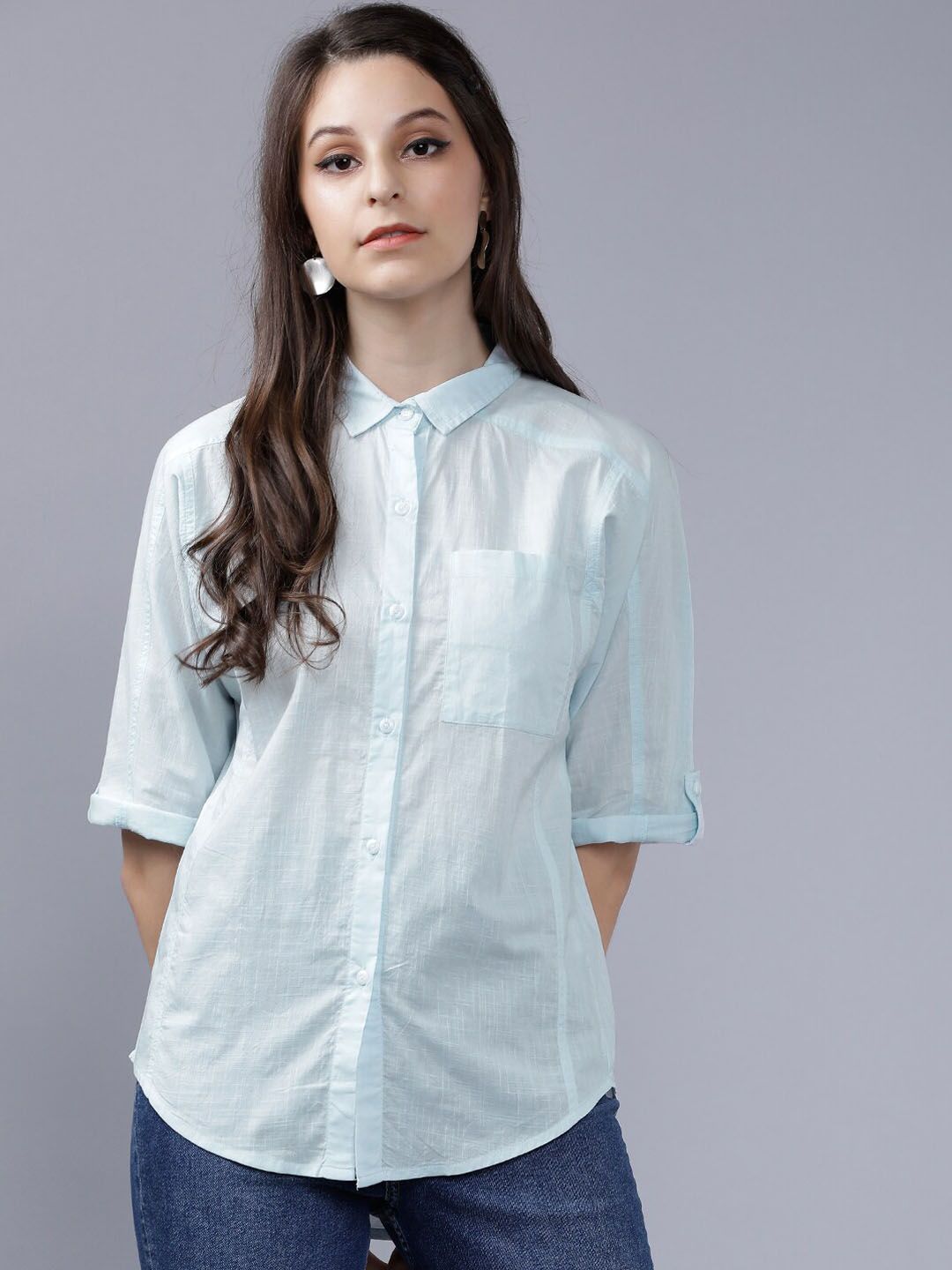 Tokyo Talkies Women Blue Regular Fit Solid Casual Shirt