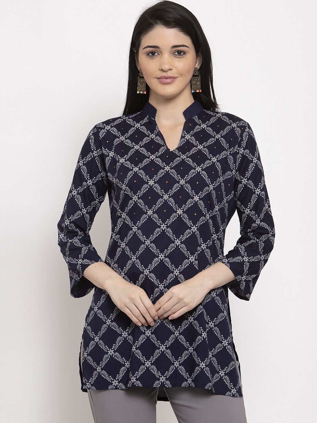 Clora Creation Women Navy Blue & Grey Printed Straight Kurti