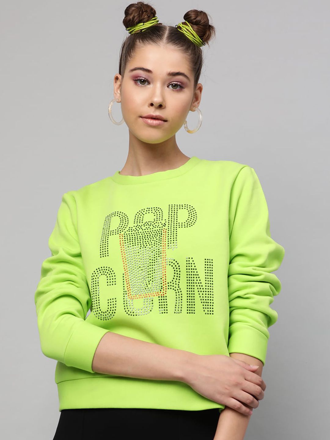 STREET 9 Women Fluorescent Green Printed Sweatshirt Price in India