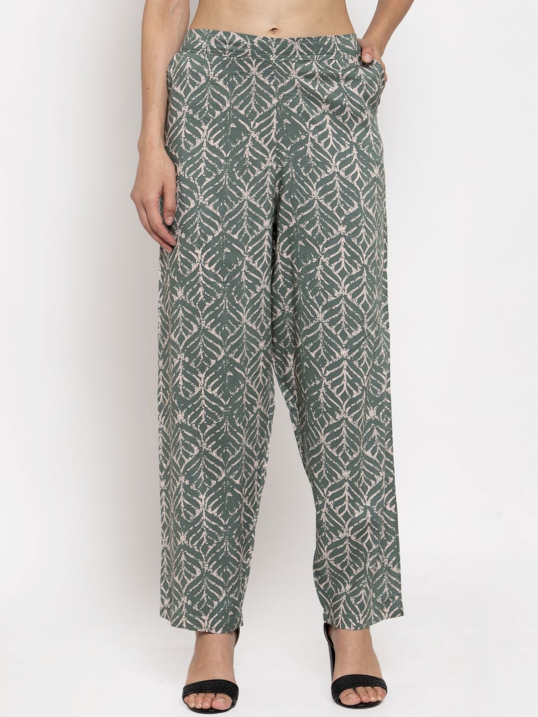 TAG 7 Women Green & Off-White Regular Fit Printed Regular Trousers Price in India