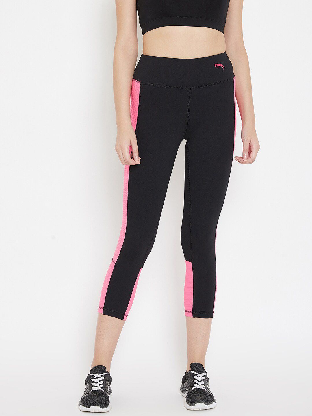 JUMP USA Women Black & Pink Colourblocked Slim-Fit Active Wear Gym Tights Price in India