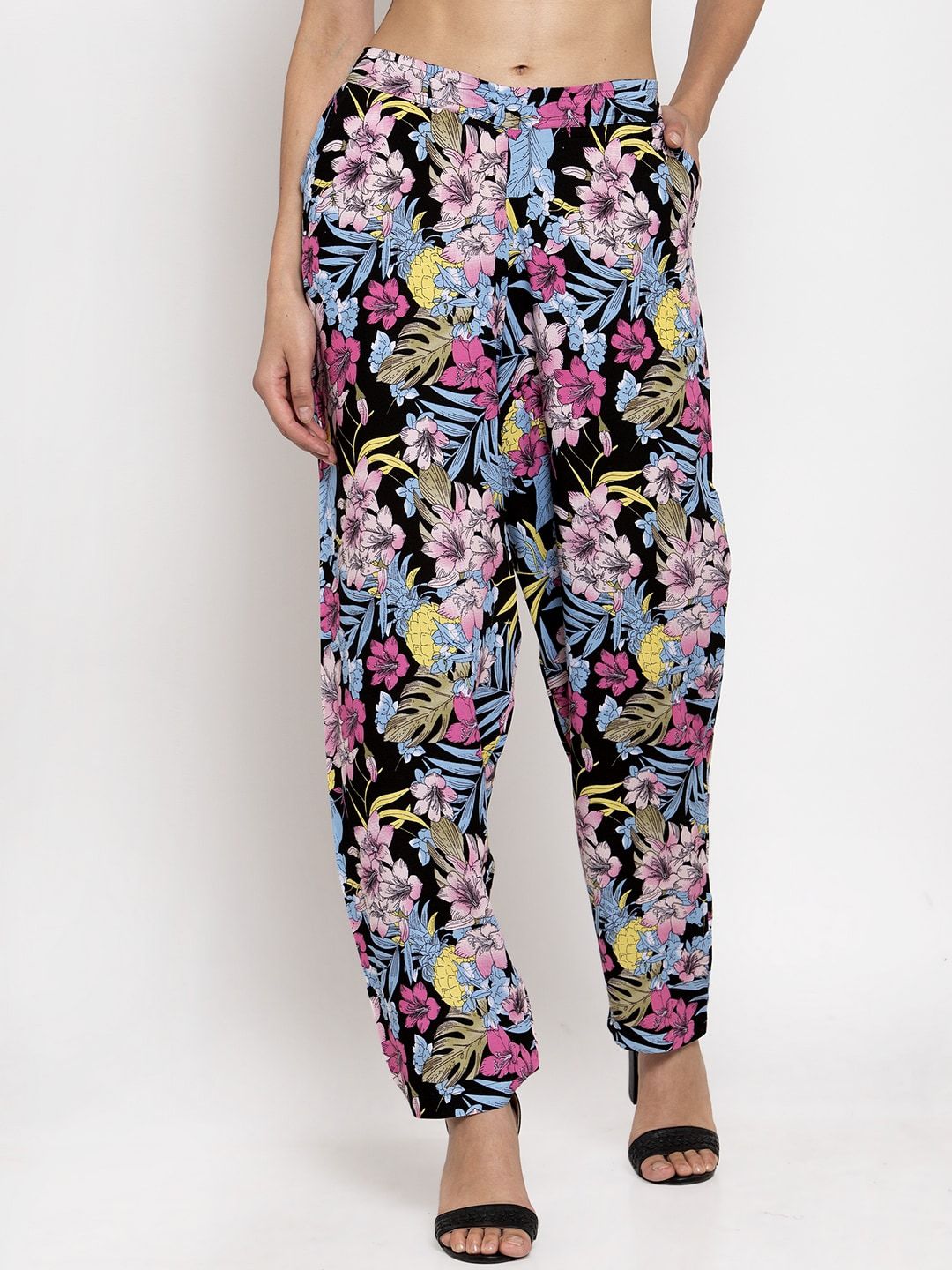 TAG 7 Women Black & Blue Smart Regular Fit Printed Regular Trousers Price in India