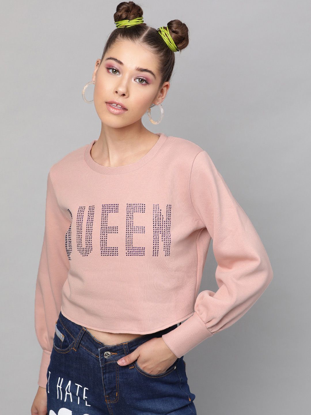 STREET 9 Women Pink Printed Crop Sweatshirt Price in India